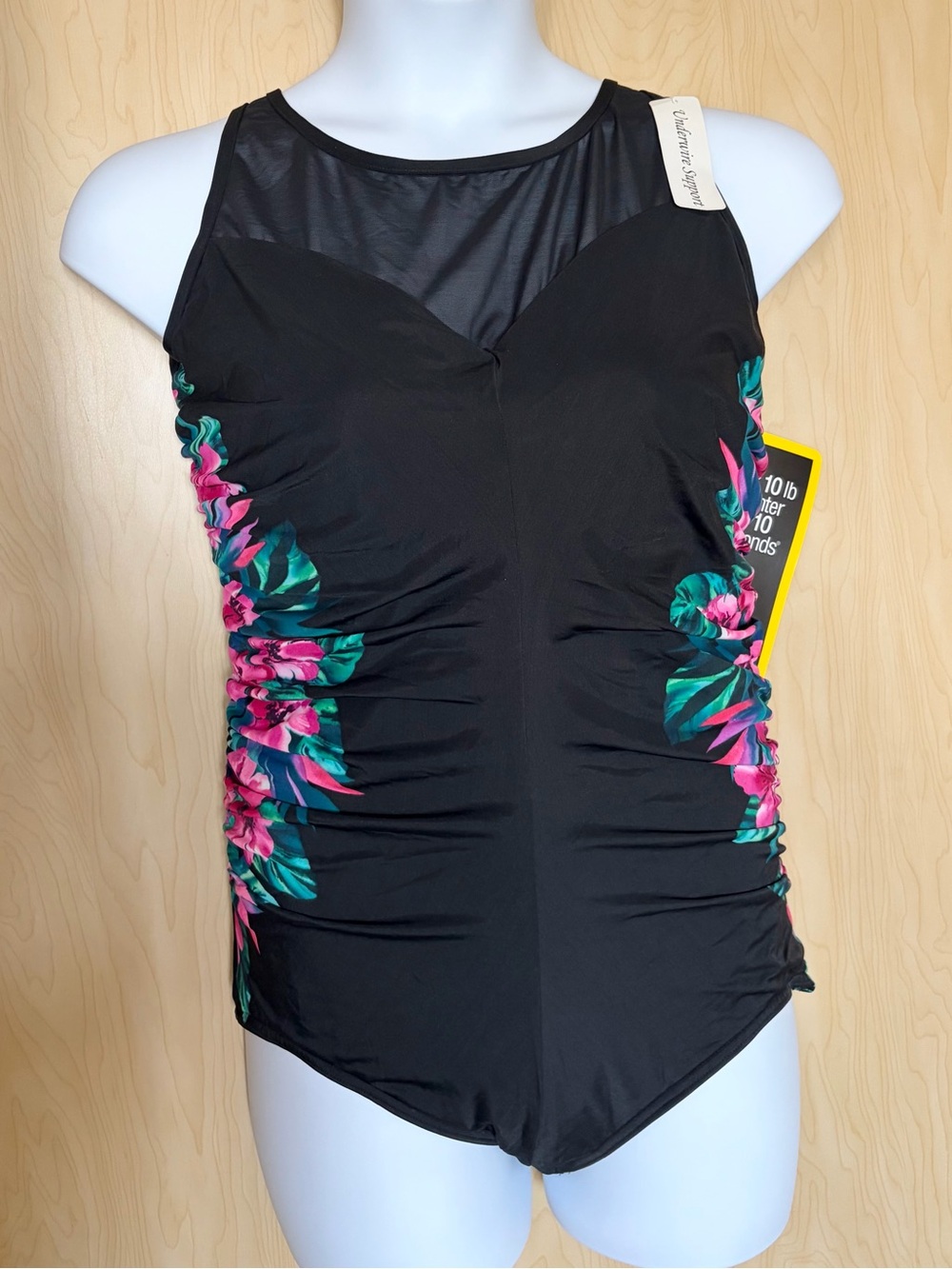 Miraclesuit Black One-Piece with Pink Floral Side Panels Plus size 22 NWT